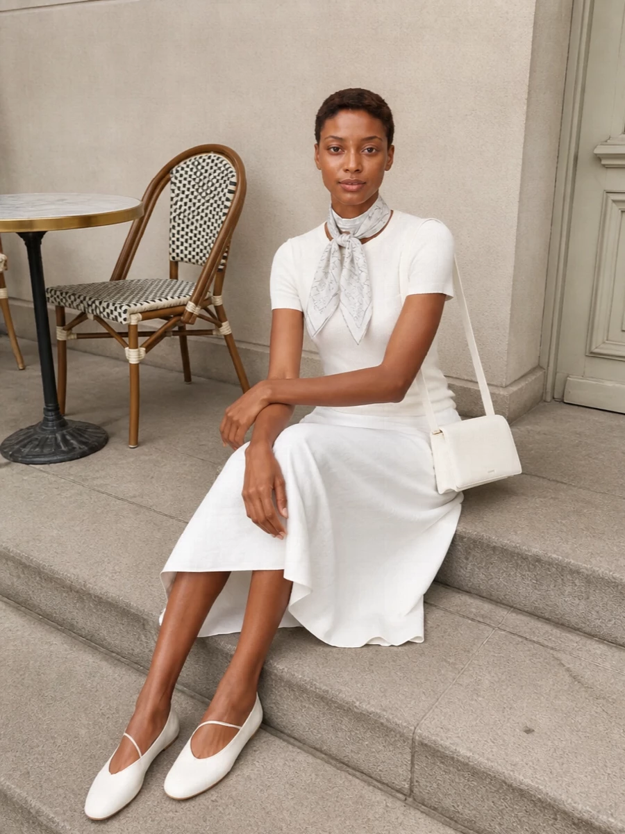 An off-white Jil Sander tee meets a softly architectural ivory A-line midi for a long, clean column that feels precise yet relaxed. Ivory ballerinas and a compact tonal shoulder bag keep the lines quiet and considered, while a gauzy Margiela scarf adds just a whisper of graphic detail for interest. The result is a serene, gallery-ready outfit that reads modern, minimal and quietly confident in warm weather.