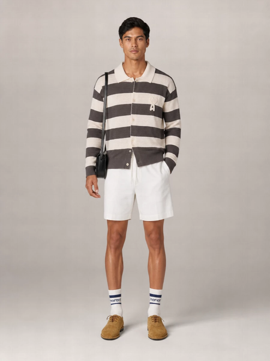Ami Paris Cotton Openwork Striped Shirt Collar Cardigan
