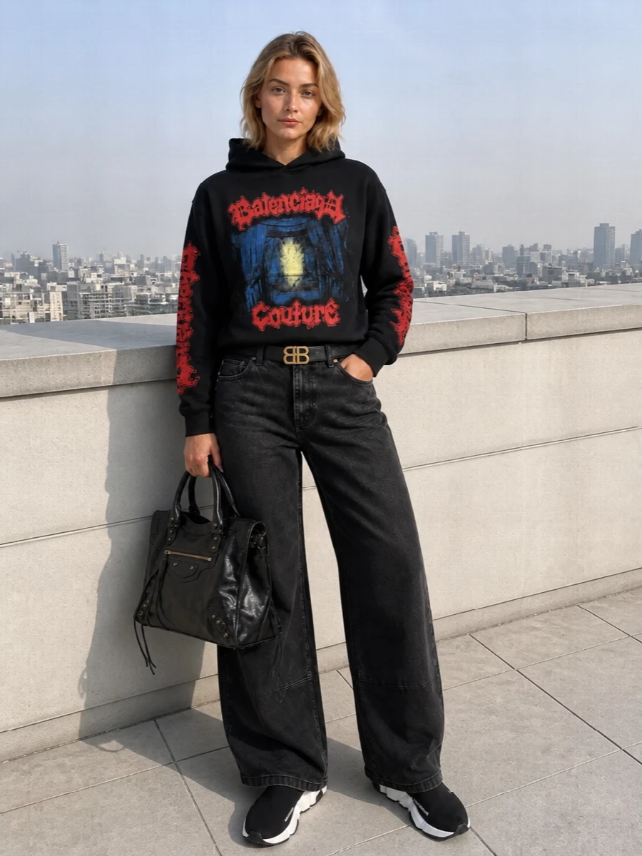 Balenciaga hoodie wide leg jeans sock sneakers