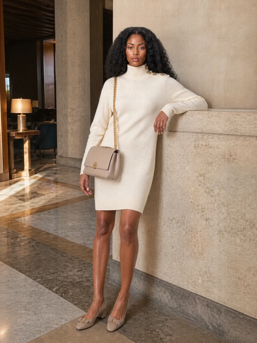 I am building around the sweater dress rather than tailoring separates, because the knit column plus your structured Tory Burch bag creates a cleaner, more quietly luxurious line. The buttercream Balmain dress and taupe Ferragamo pumps echo the bag’s beige and gold, so everything reads intentionally tonal rather than matchy. It is a polished, softly structured outfit that moves easily from client-facing days to dinner without ever feeling fussy.