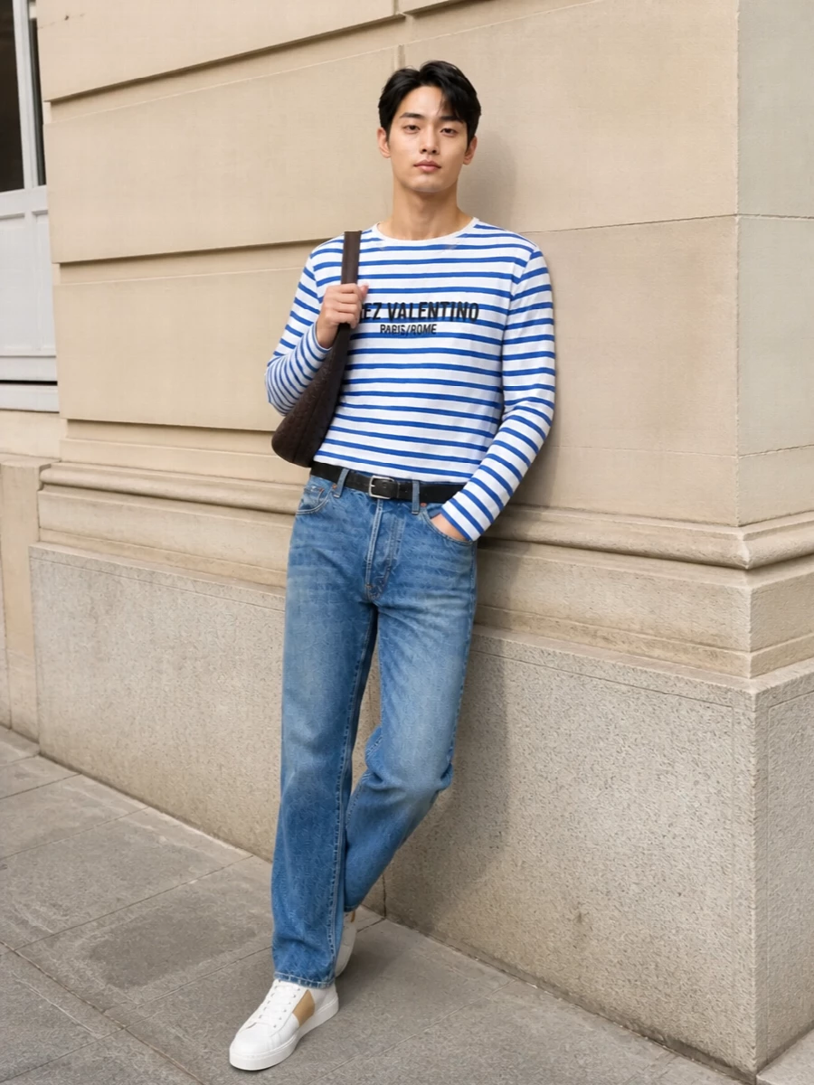 Valentino straight leg jeans striped tee outfit