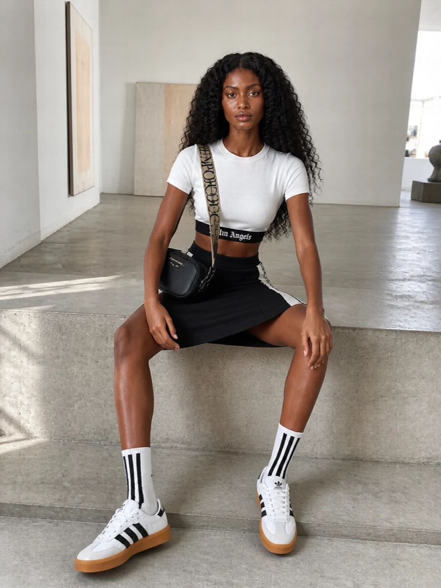 Palm angels cropped top track skirt adidas sneakers