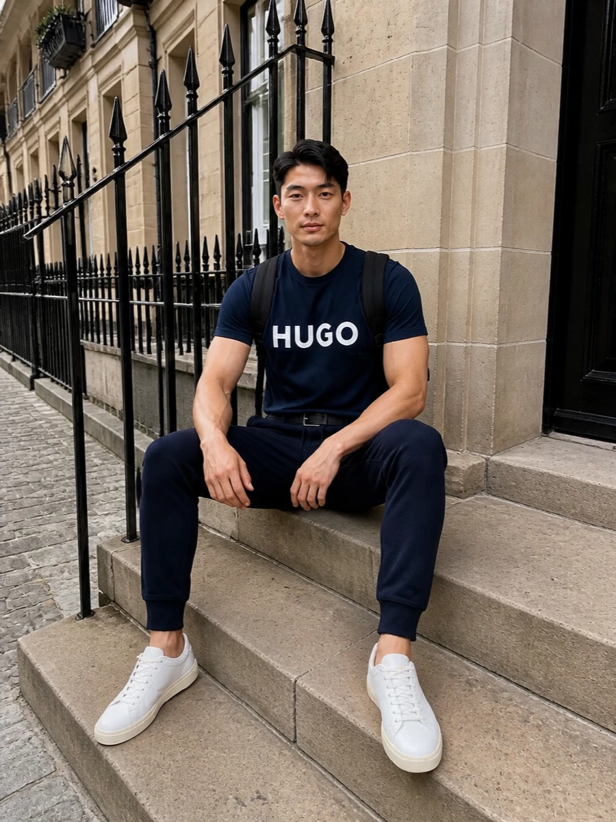 Hugo navy logo tee joggers sneakers outfit