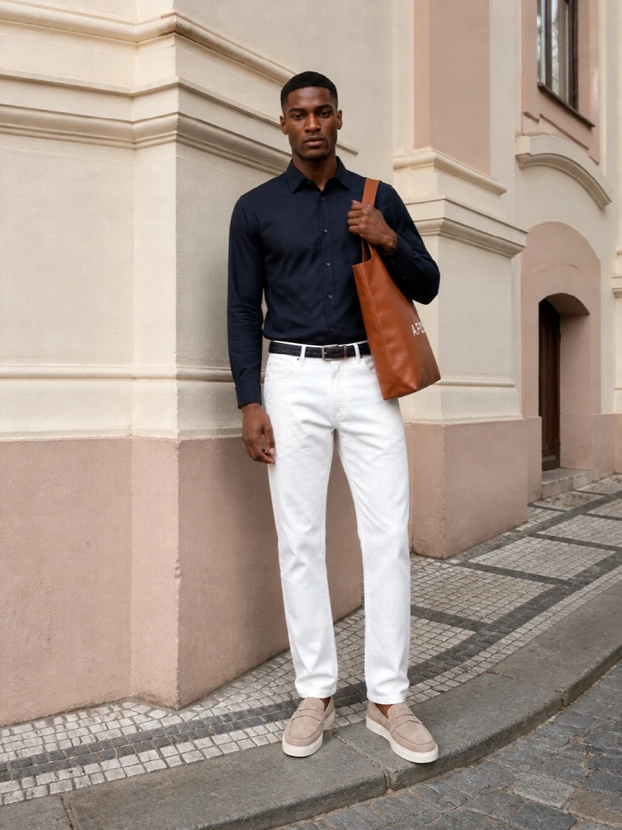 Les deux navy shirt off white jeans tods loafers