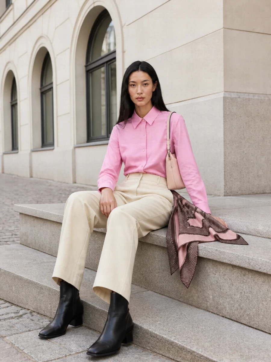 Alysi pink shirt buttercream tailored trousers
