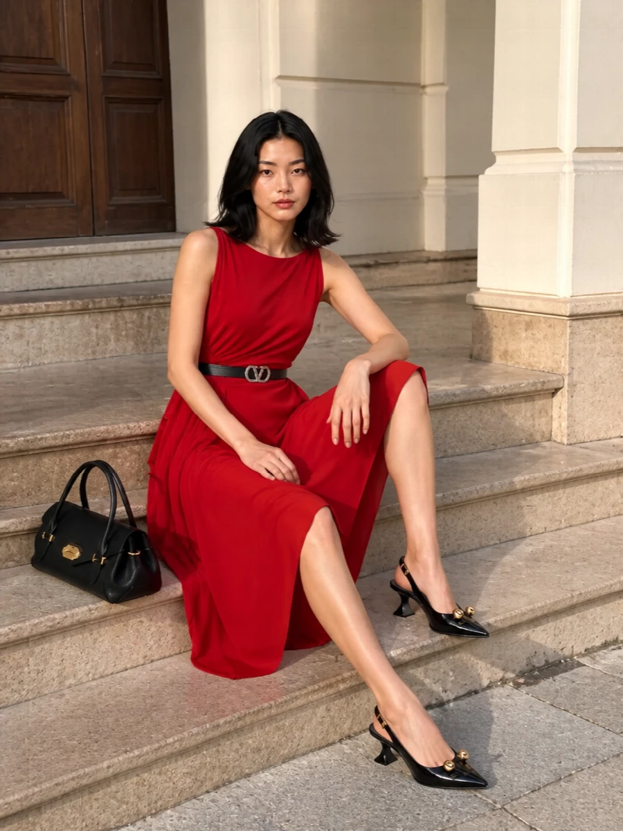 Lanvin red midi dress black patent heels