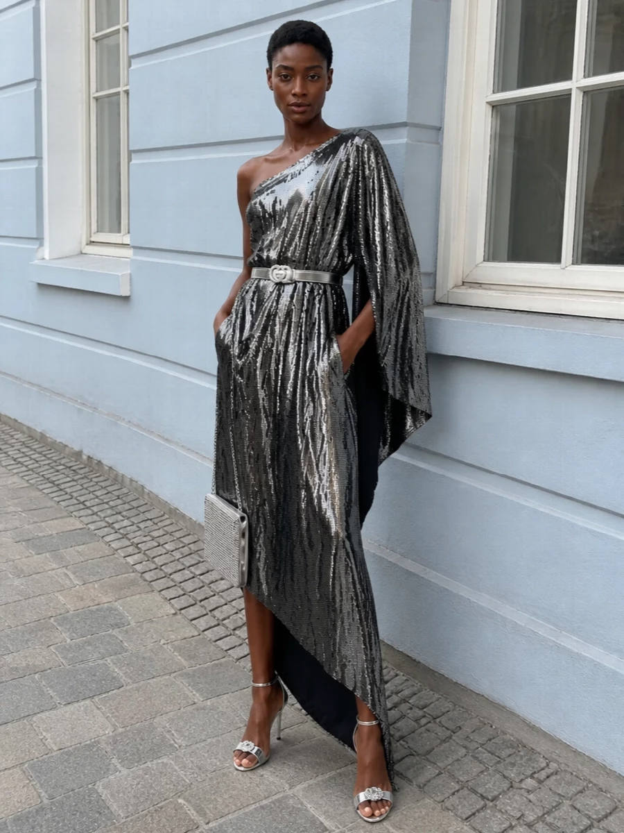 Balenciaga silver sequin dress metallic heels