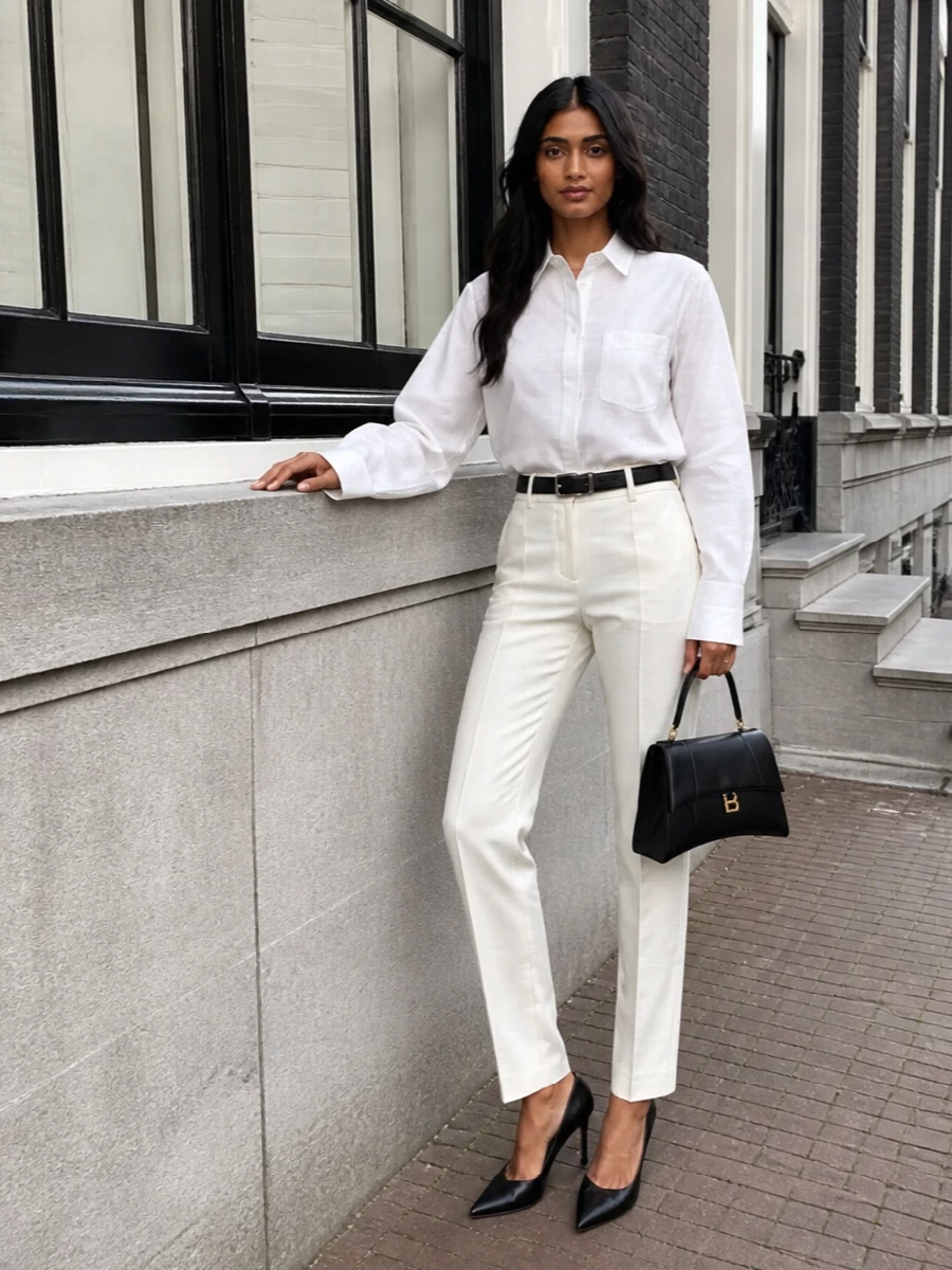 Crisp white Balenciaga shirting and ivory tailored trousers create a clean, elongated column that feels precise yet relaxed. A black pointed pump and structured top‑handle bag anchor the light palette with just enough contrast, while a slim black belt quietly sharpens the waist. The result is a quietly assertive desk‑to‑dinner pairing that reads polished from every angle.