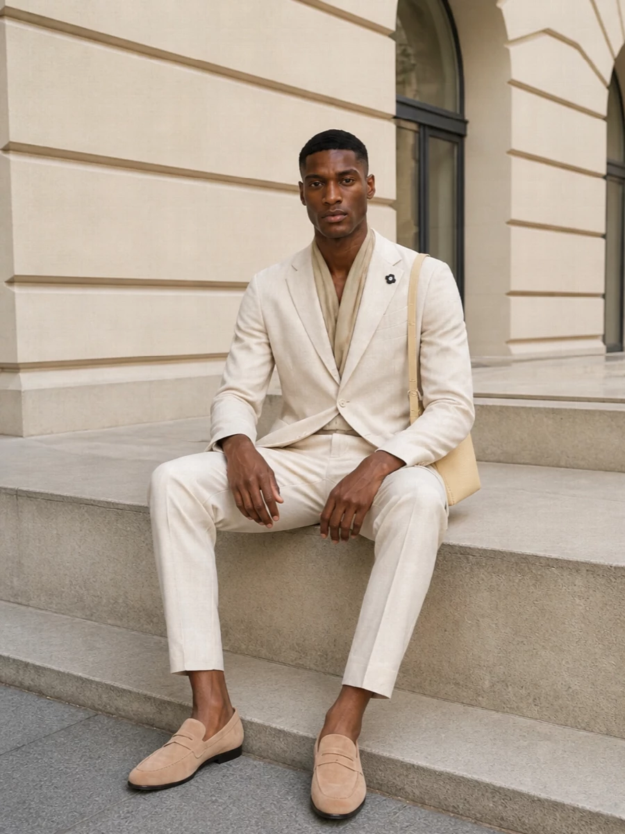 Lardini ivory blazer trouser suede loafers