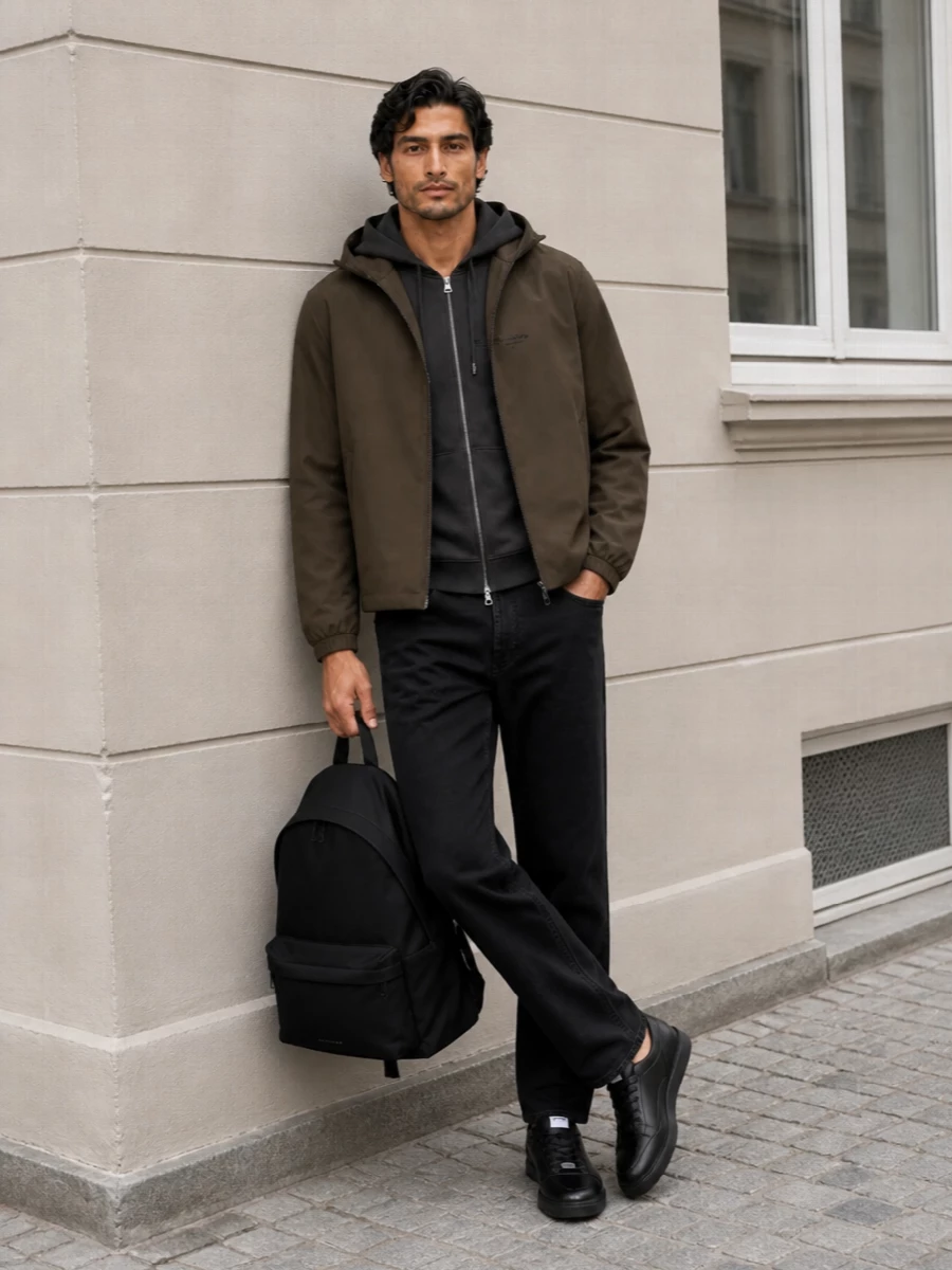 Givenchy khaki jacket black jogger trousers outfit