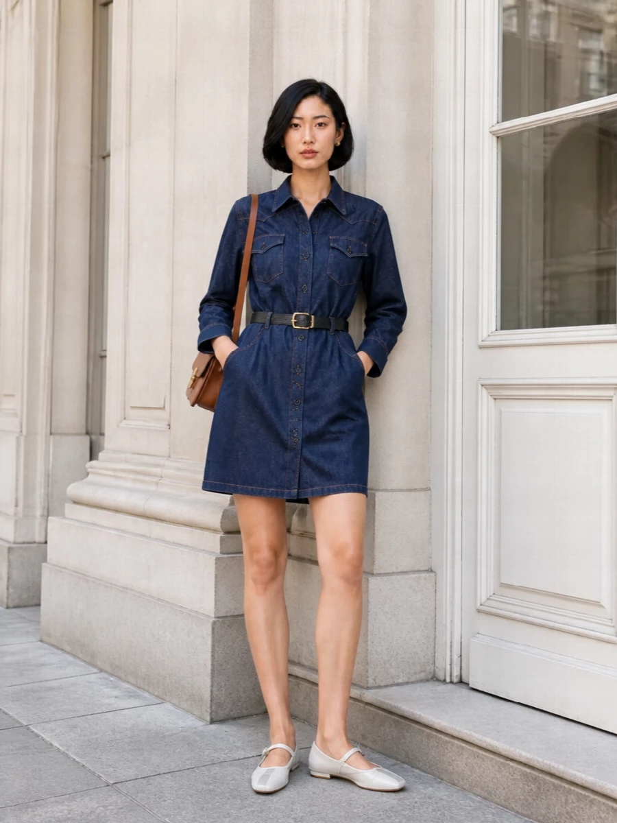 Apc denim shirt dress mary janes cognac bag
