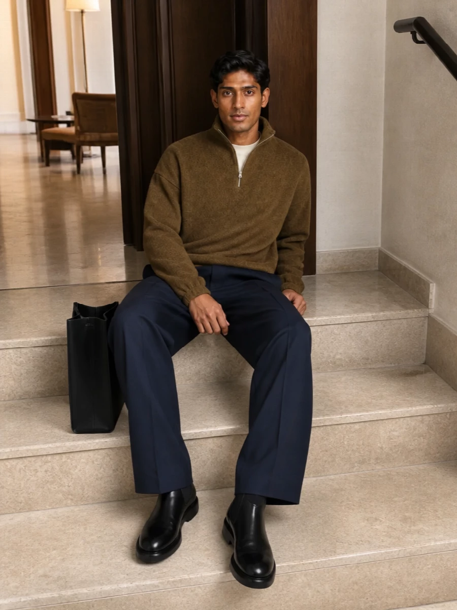 Jil sander camel knit navy trousers outfit