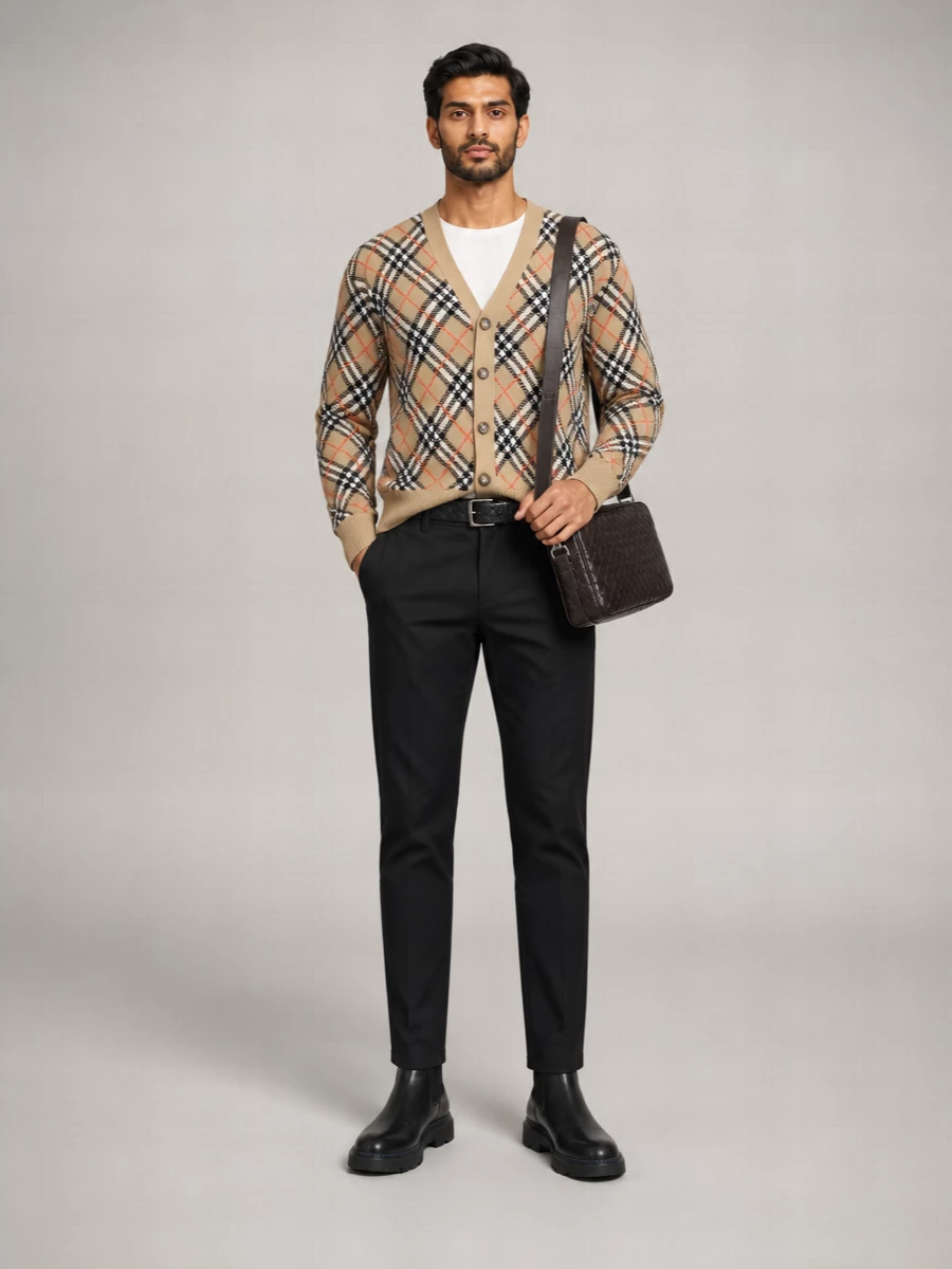 Burberry Wool Check V-Neck Cardigan