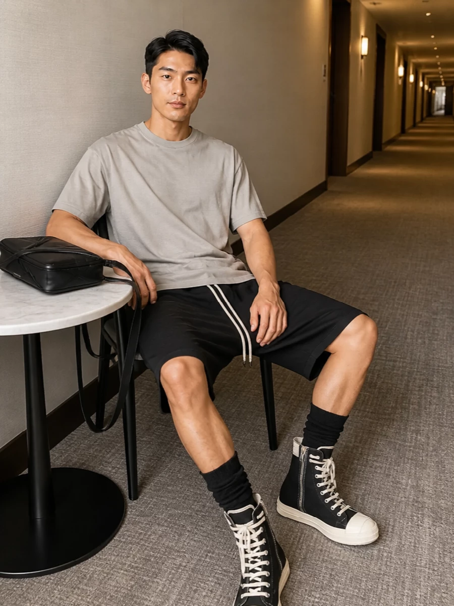 Rick owens drkshdw tee drop crotch shorts outfit