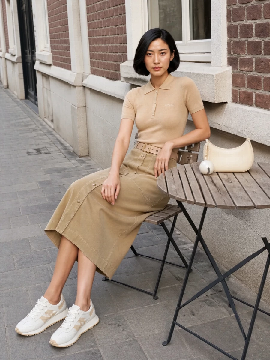 This look builds a tonal, softly structured SS uniform around the sand Moncler midi, pairing it with a camel knit polo for a quietly polished, column-like line on top of the A-line skirt. Off-white and beige runners keep the mood elevated yet practical, while the buttercream crescent bag and slim nude belt add refined, under-the-radar luxury that stays firmly within the neutral, utility-driven palette. It’s an easy city-to-weekend outfit that feels considered without ever trying too hard.