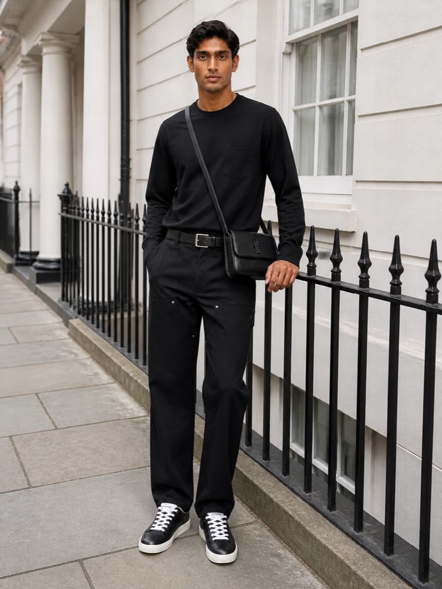 Sacai black tee utility trousers celine sneakers