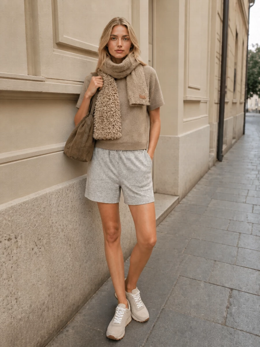 Brunello cucinelli grey shorts taupe knit sneakers