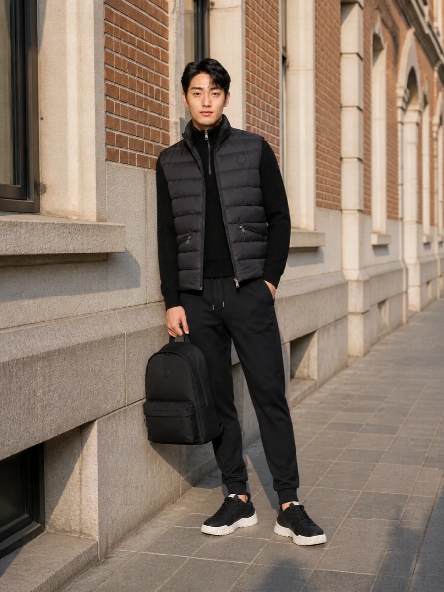 Moncler mens black gilet joggers runner outfit