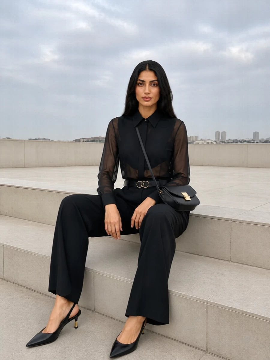 Sheer black tailoring stays firmly in the city-evening register, grounded by high-waisted wide-leg trousers that turn the transparency into a long, controlled line. A low gold-heeled slingback and structured black cross-body introduce just enough metal to register as jewelry without competing with the precision of the silhouette. The slim belt cinches the waist beneath the shirt, keeping the proportions sharp and the mood disciplined yet quietly sensual.