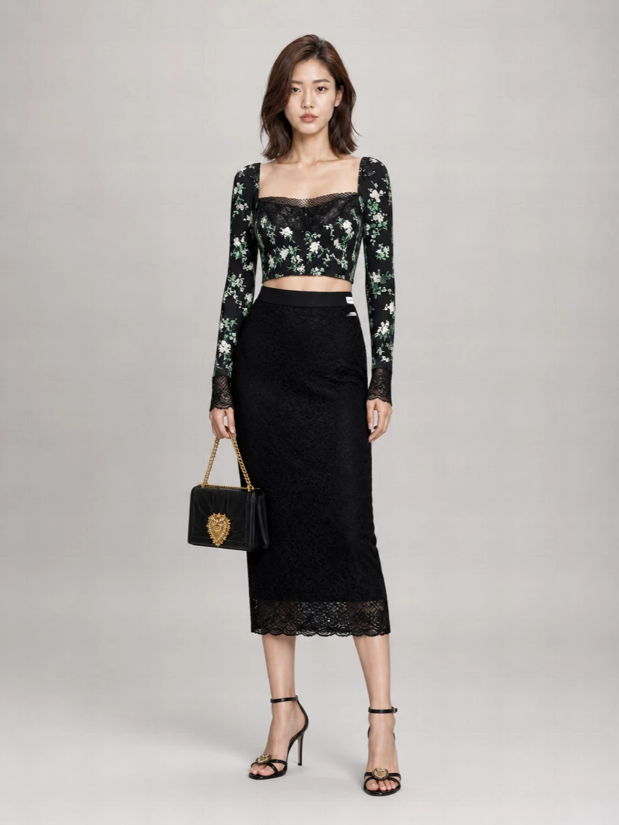 Dolce&Gabbana Silk Floral Lace Long-Sleeve Top