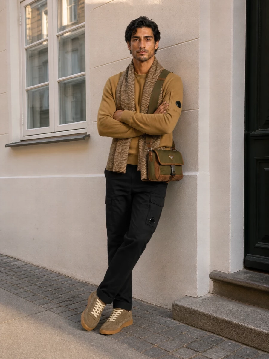 Cp company camel sweatshirt black cargo outfit