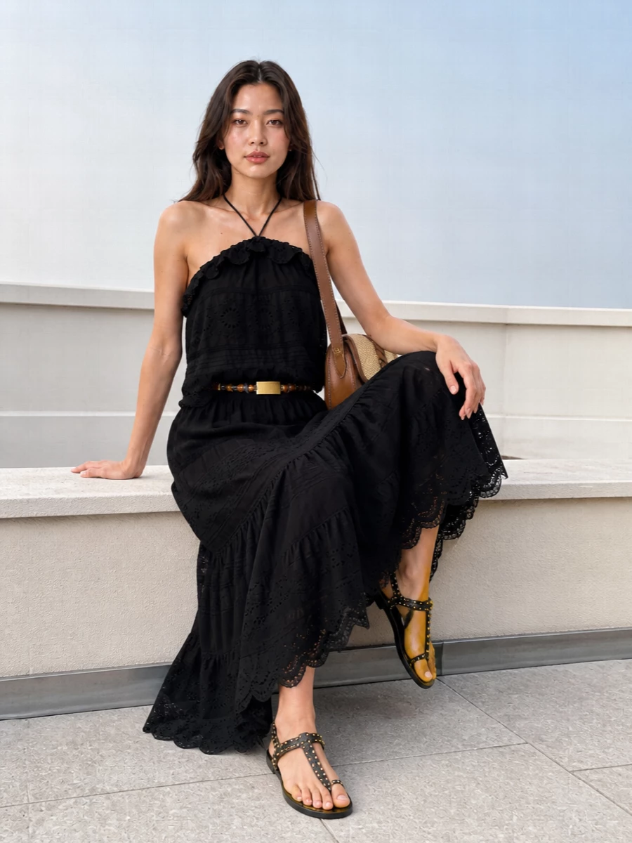 Isabel marant black lace halter boho maxi outfit