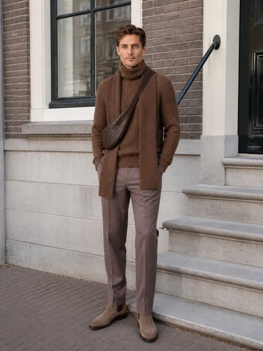 Lanvin brown turtleneck zegna taupe trousers