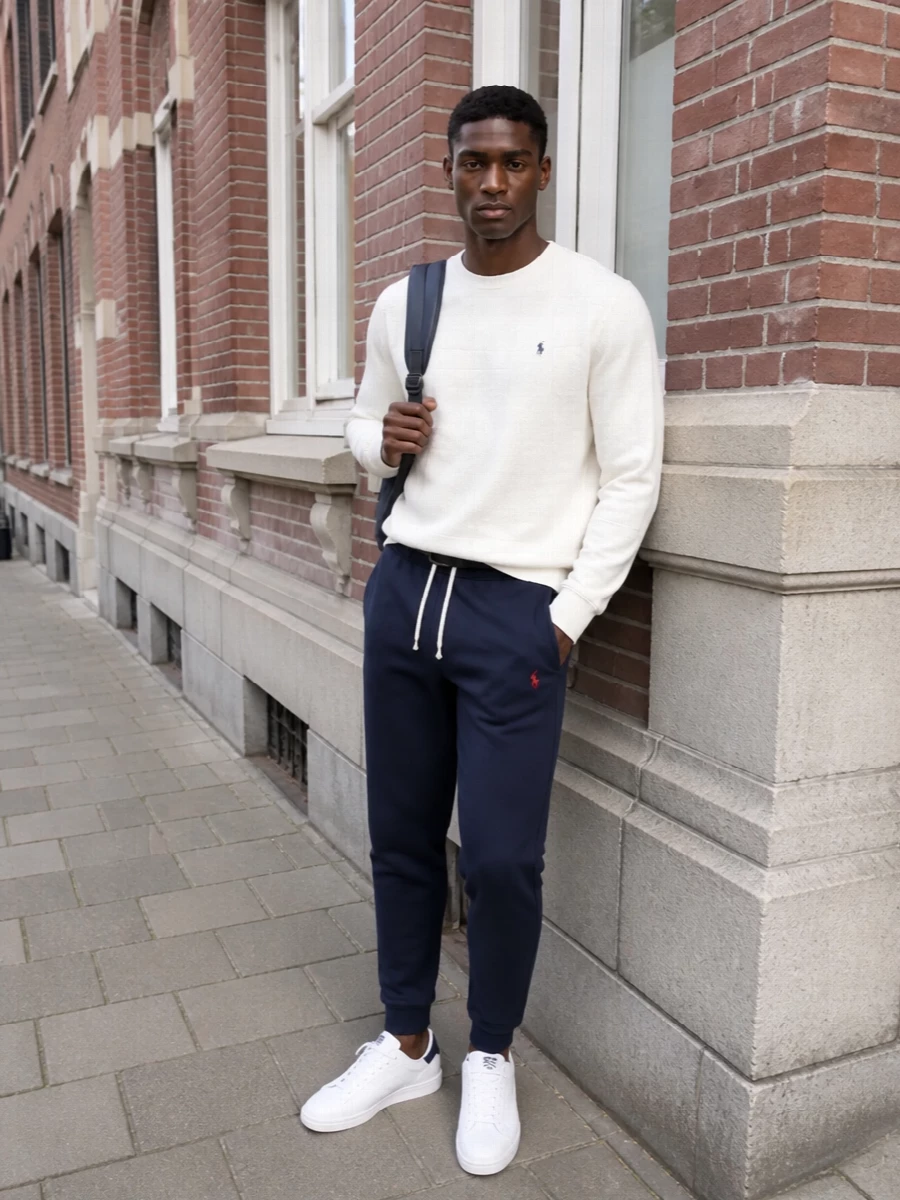Polo ralph lauren navy joggers adidas white sneakers