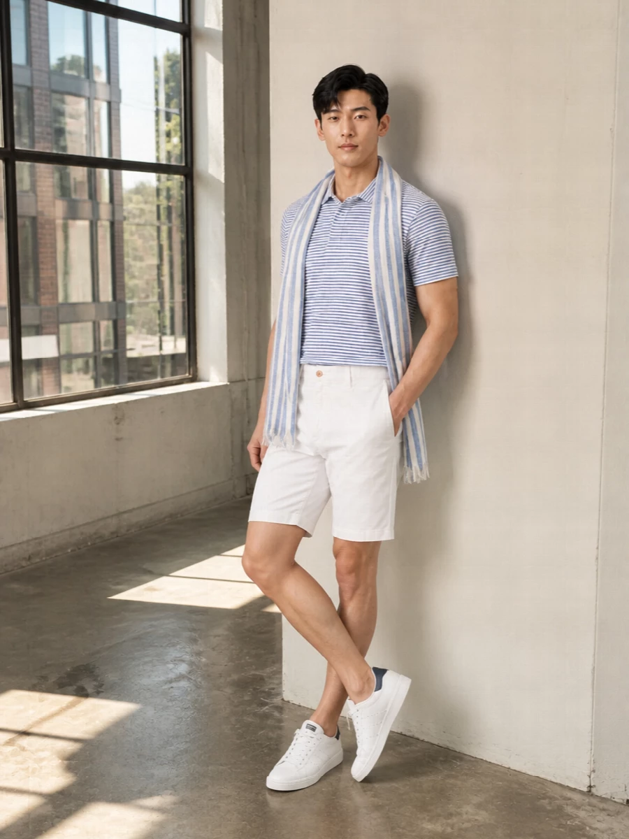 A crisp striped polo meets clean white chino shorts for an easy Riviera preppy mood that still reads considered. White and navy court sneakers keep the line sporty and light, while the blue and white palette stays calm and cohesive. It is an uncomplicated warm weather uniform that works from seaside lunch to late-afternoon city strolls with zero effort required from you.