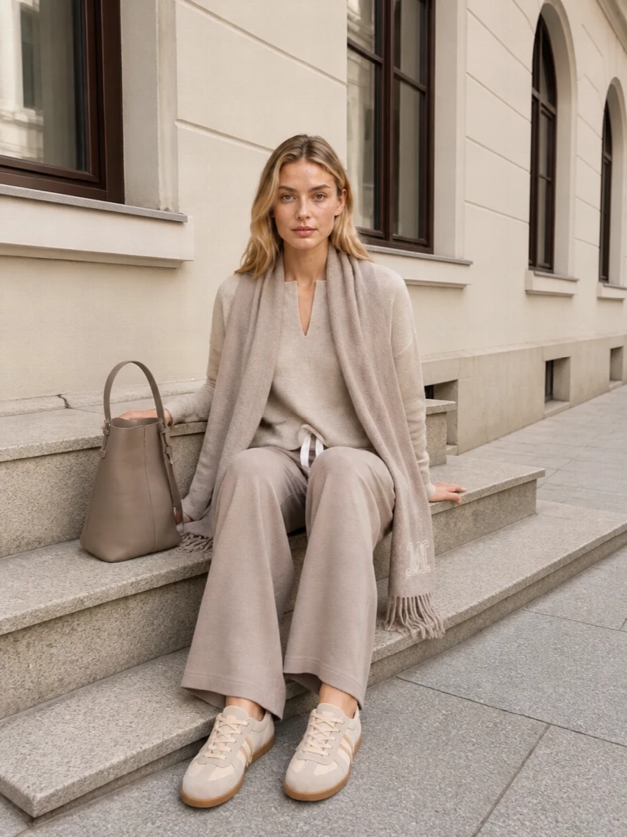 Max mara taupe wide leg pants neutral knit outfit
