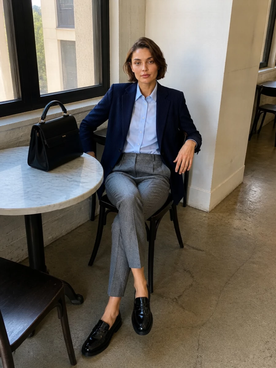 Moschino navy blazer grey trousers outfit