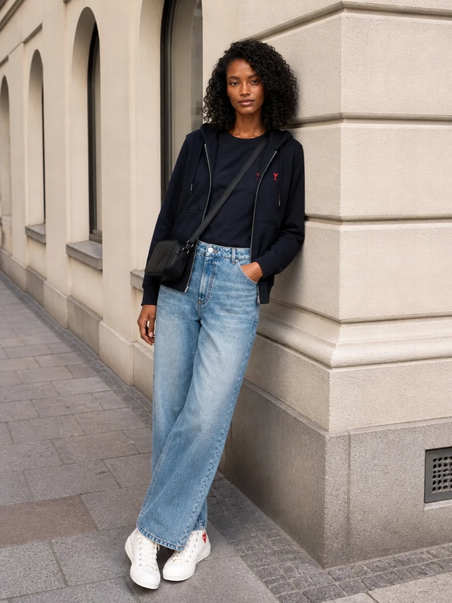 Ami paris navy hoodie wide leg jeans outfit