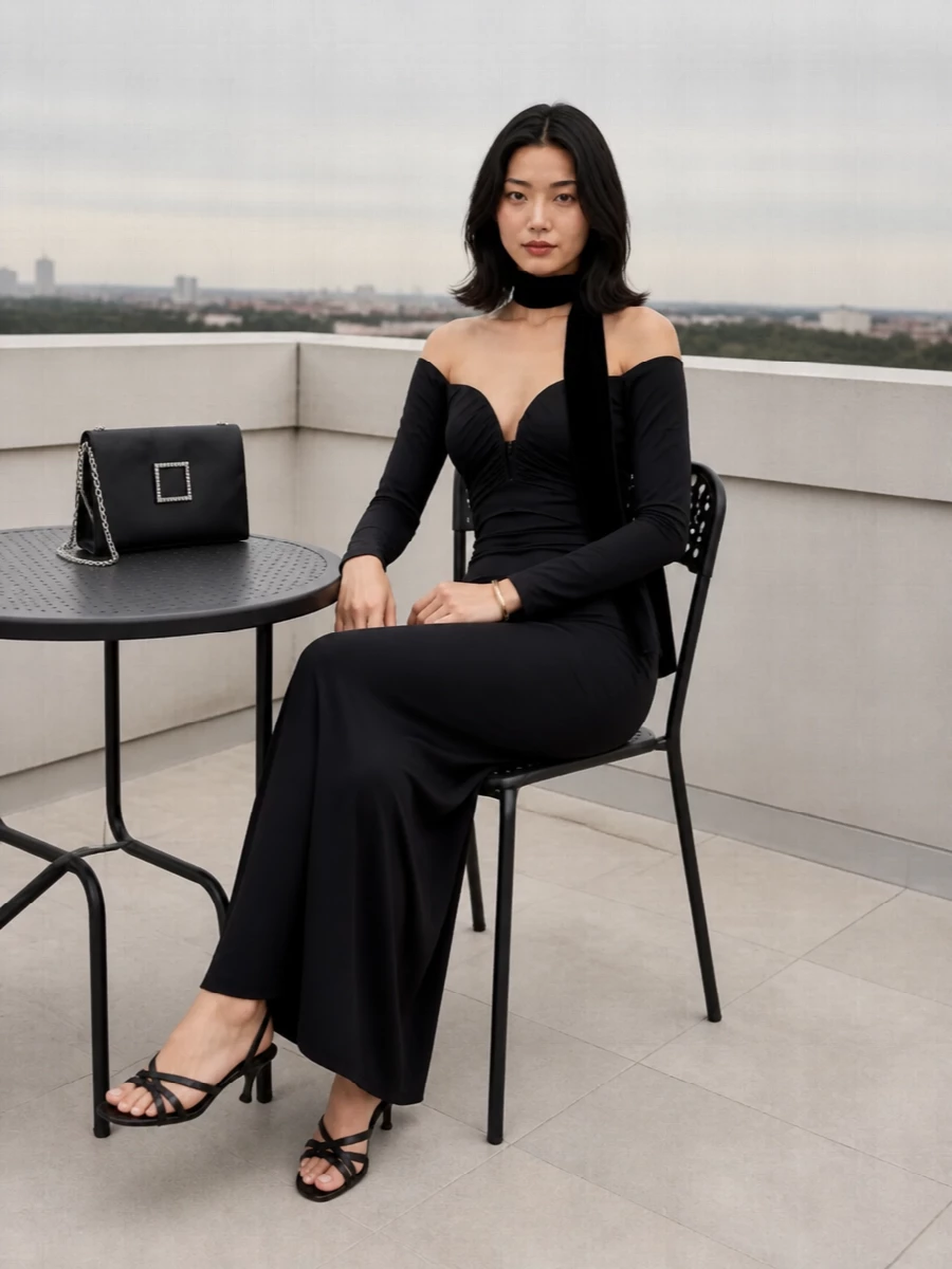 Elisabetta franchi black evening dress heels clutch