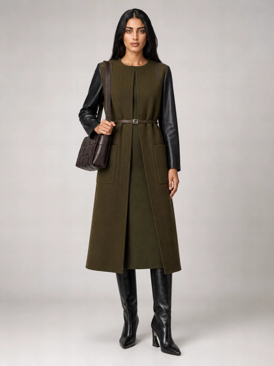 Fendi Single-Breasted Midi Wool And Leather Coat