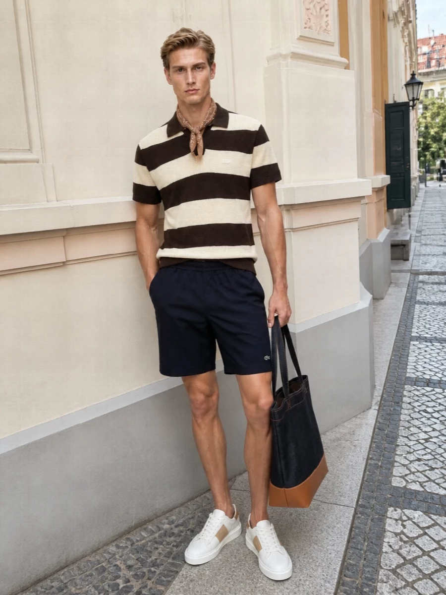 A dark brown and cream rugby stripe polo meets clean navy chino shorts for a sharp, sport-preppy summer uniform. Off-white leather sneakers in warm camel tones and a structured denim tote keep the palette grounded and practical. A camel bandana ties in the earth tones, giving the whole outfit a considered yet easy weekend feel for city strolls or casual lunches.