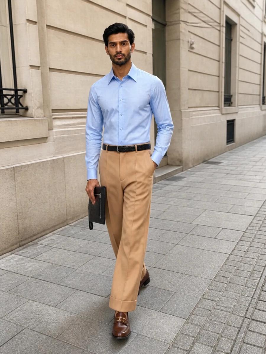 Camel wide-leg Valentino trousers grounded with chestnut loafers and a slim black intrecciato pouch set a warm, quietly luxurious base. The sharply cut powder-blue shirt brings just enough colour contrast while keeping the mood corporate and precise, cinched with a slim black textured belt for a clean, architectural finish. It’s an elevated FW city uniform that reads polished, modern and understated from boardroom to dinner.