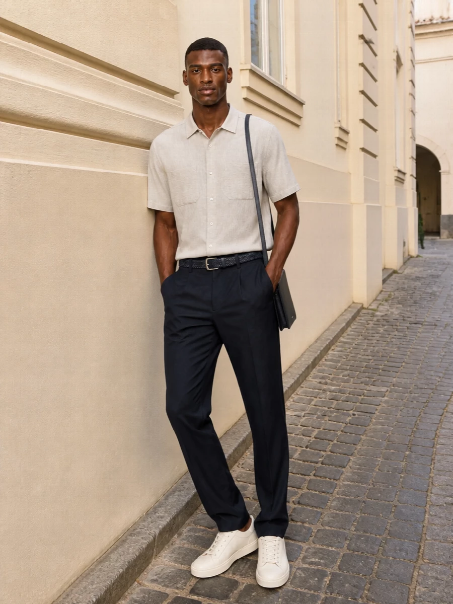 Ink pleated trousers meet a textured stone short-sleeve shirt for a calm, modern take on summer tailoring. Off-white leather sneakers and a slim navy crossbody keep the lines clean while lightening the palette. A braided navy belt finishes the outfit with just enough structure and texture to feel considered, not fussy.