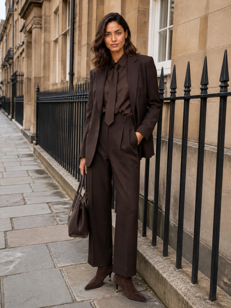 Frankie shop brown blazer tailored trousers outfit