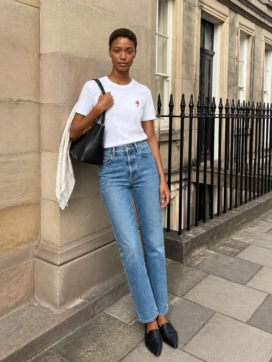 Givenchy tee blue jeans black flats outfit