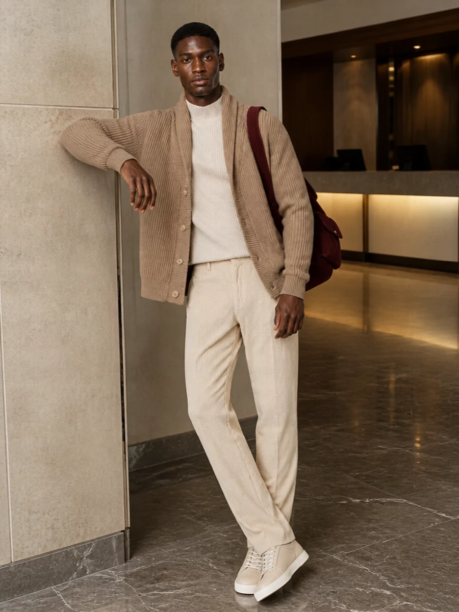 Brunello cucinelli camel knit jacket cream trouser