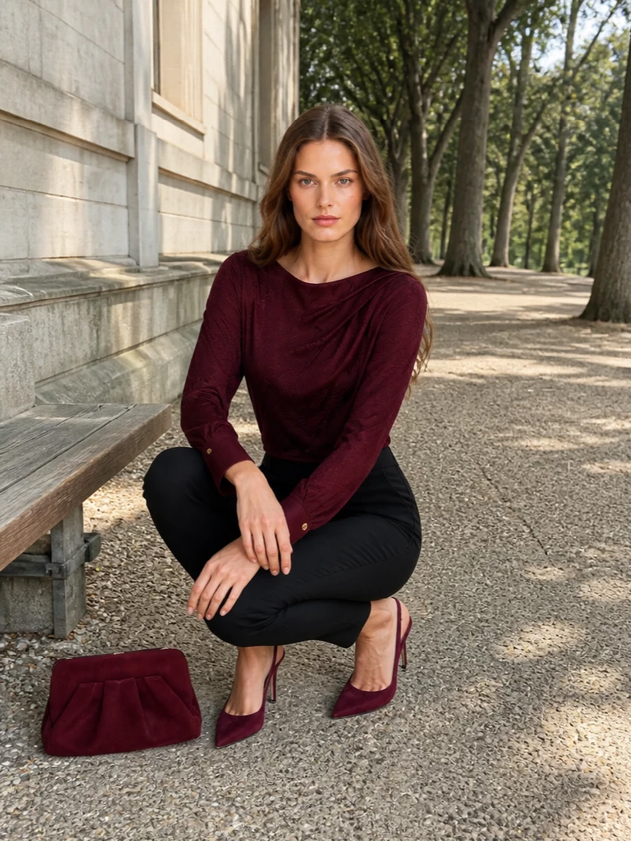 Elisabetta franchi burgundy bodysuit black trousers