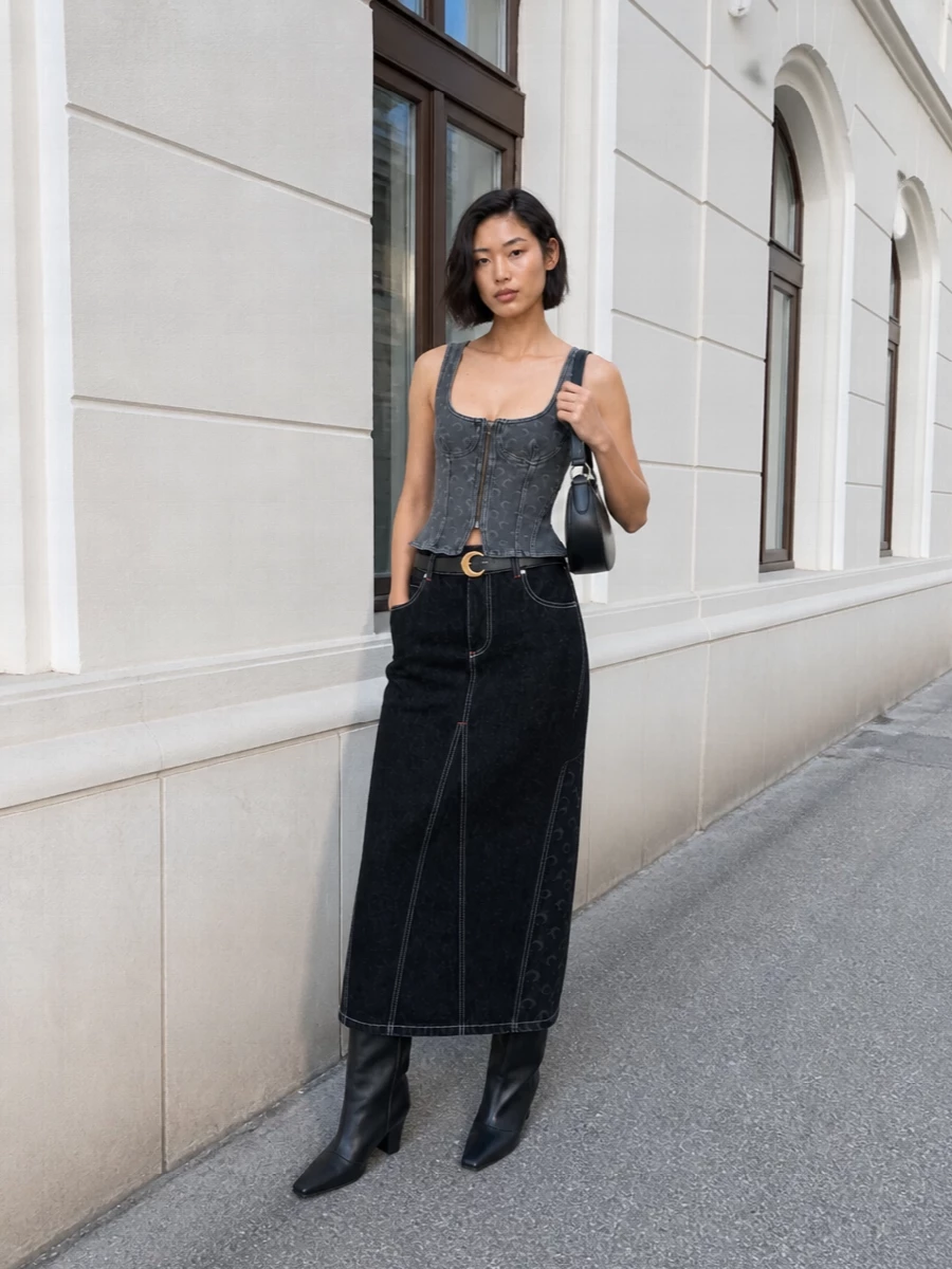 Marine serre denim maxi skirt knee boot outfit