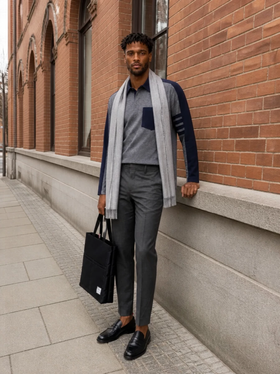Thom browne rugby shirt charcoal trousers outfit