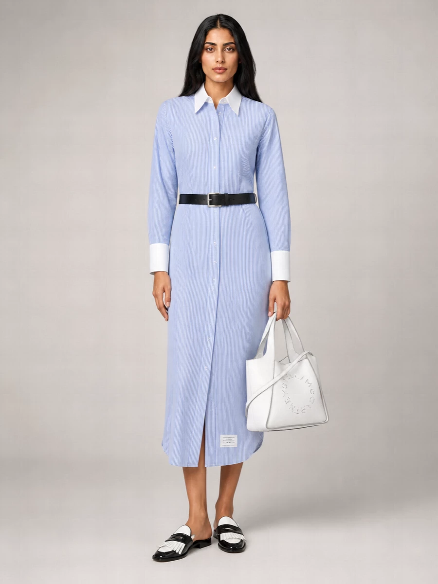 Thom Browne Cotton Striped Embroidered Shirt Midi Dress