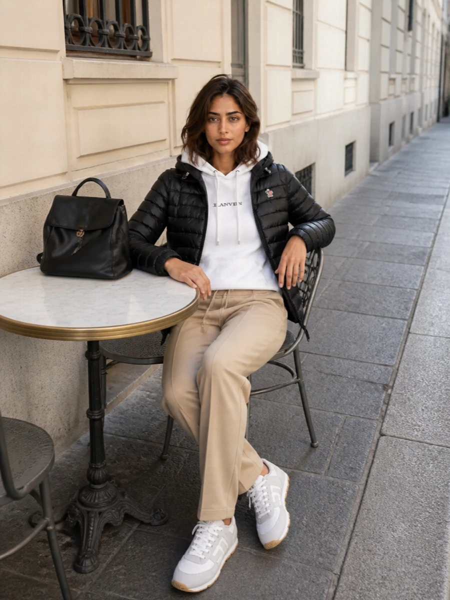 I’m building this around the puffer as an urban sport anchor, so I skip the dresses and stay with hoodie and track pant for a coherent off-duty story. The white Lanvin hoodie and beige Moorer pants create a soft, high-contrast base under the black Moncler, while Balmain runners and the Chloé backpack keep everything polished but genuinely ready to move. It reads as quiet, athletic luxury you can wear from early flight to late city errands without a change.