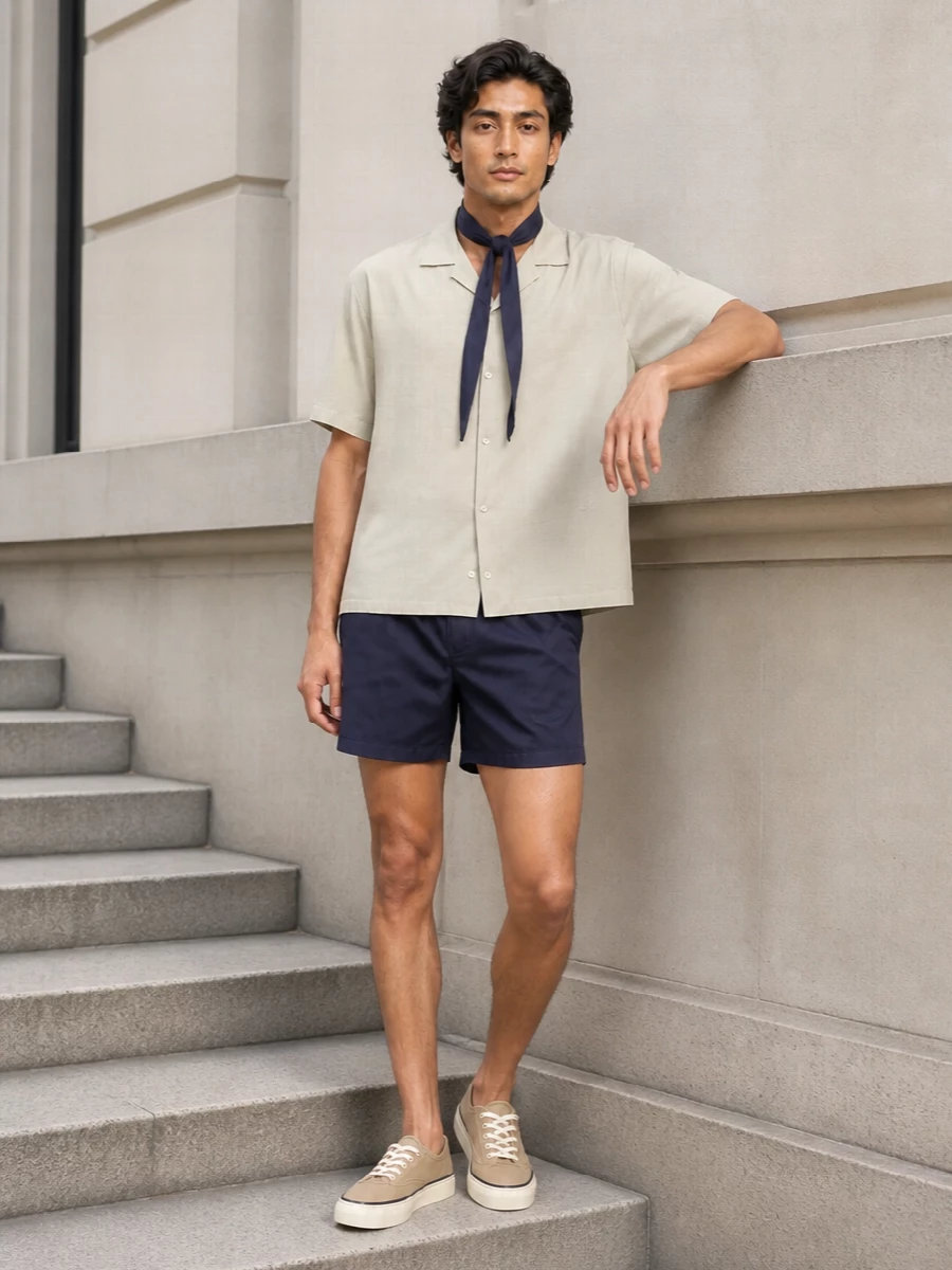 Ami paris navy swim shorts sand shirt sneakers