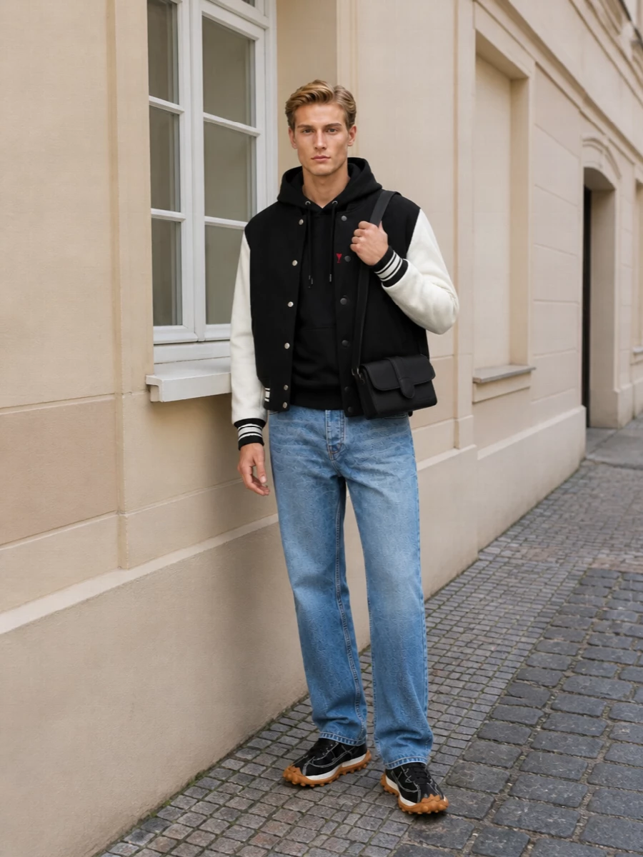 Ami paris varsity jacket jeans sneakers outfit