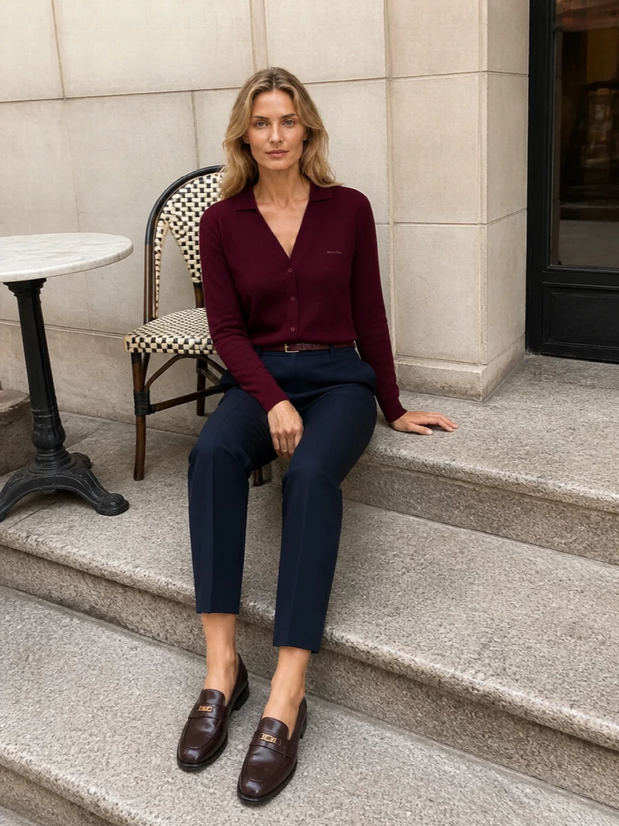 Miu miu burgundy cardigan navy trousers outfit