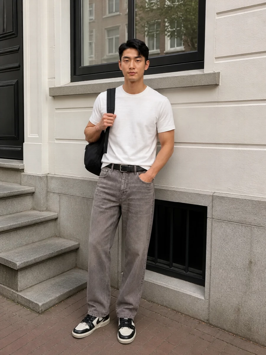 Represent denim white tee black sneakers outfit