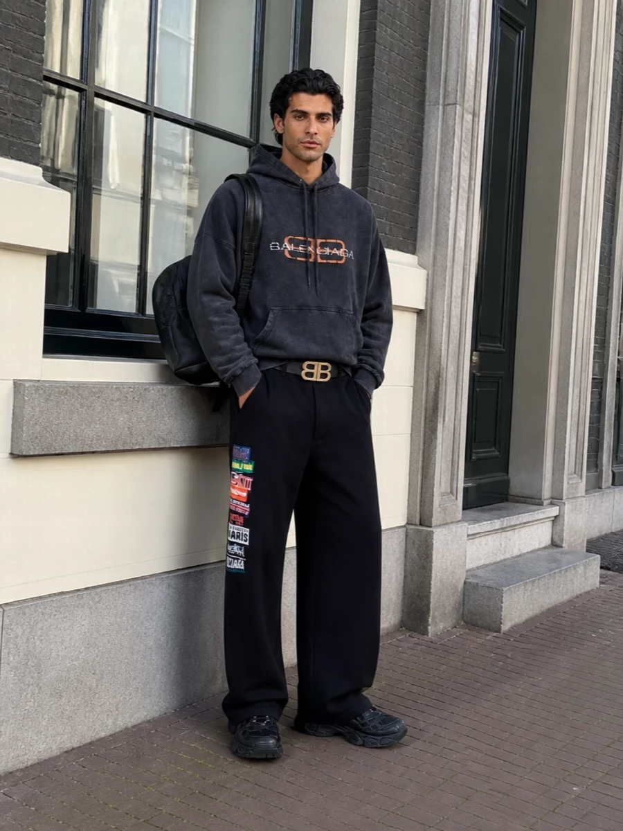 Balenciaga wide leg track pants logo hoodie outfit